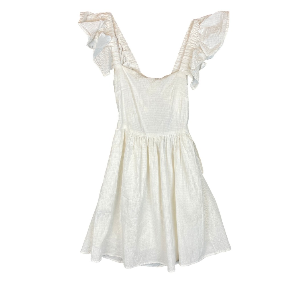 Mi Ami White Seersucker Ruffle Sleeve Tie Back Fit and Flare Dress‎ Size S